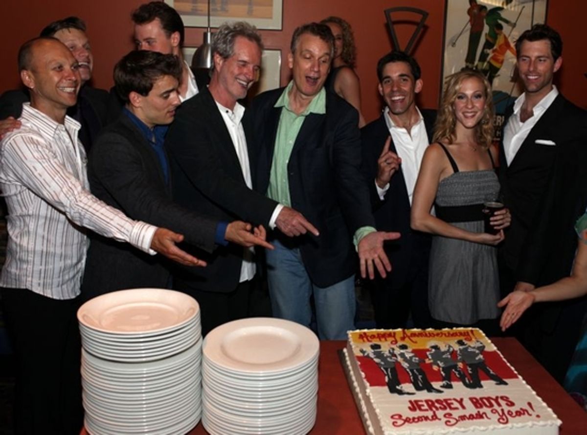 Bob Gaudio and Rick Elice cut the Anniversary Cake with Cast Members from Toronto's Jersey Boys at 